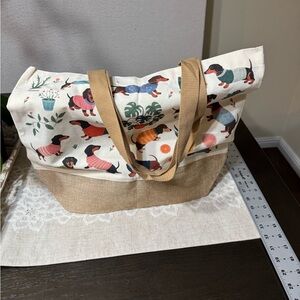 Dachshund Dog Print Tote Bag Canvas Burlap Style Cute Puppy Shopper Bag